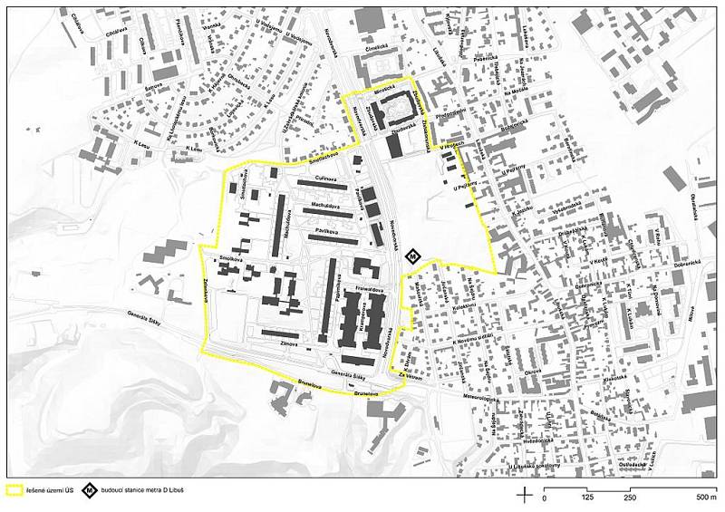 Mapa prostoru, na kterém vznikne budoucí stanice metra Libuš a nové sídliště.