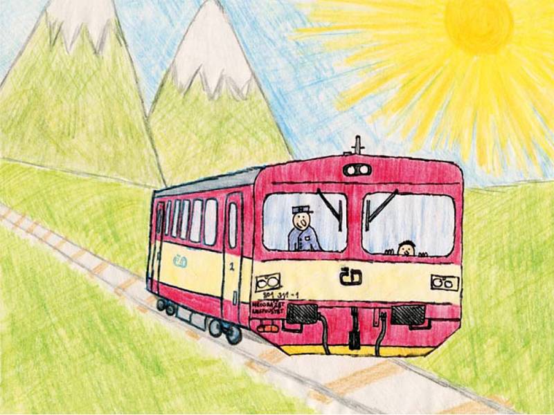 Jak Matyášek řídil vlak. Jedna z ilustrací Janise Mahbouliho v knize Pohádky z nádraží.