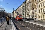 Tram in Opletalova street in Prague.