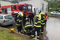 Potápěči pražských hasičů prohledávali 29. dubna 2019 šest metrů hlubokou výpusť na dešťovou vodu u hotelu Pyramida v Praze