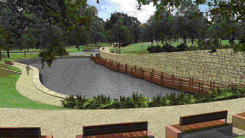 Součástí parku bude i kompletní obnova potoka Brusnice s nově zbudovaným jezírkem. 