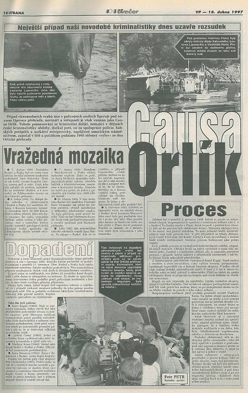 Téma Večerníku Praha o Orlických vrazích vyšlo v den rozsudku v pátek 18. dubna 1997..