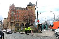 Anenský trojúhelník. Vzrostlý javor, který chce městská část Praha 1 pokácet, hlídá policie.