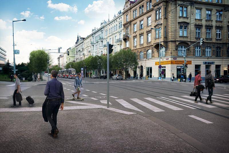 V navrhovaném řešení je zastávka tramvaje do centra napojena na přechod pro chodce v křižovatce, takže bude přístupnější. Celkově jsou zkráceny délky přechodů, aby bylo zajištěno bezpečnější a pohodlnější přecházení křižovatky.