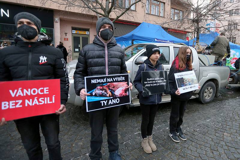 Protestní akce Tichá ulička za kapry, kterou pořádá spolek Zvířata nejíme. Obchodní centrum Nový Smíchov, Praha 5.