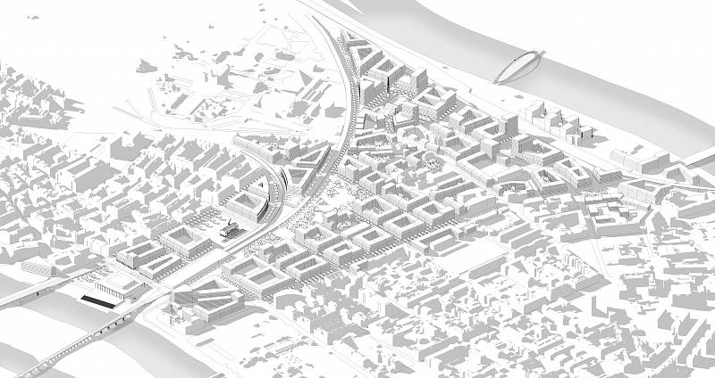 Jednoduchá modelace možné budoucí podoby nové čtvrti – pohled z jihovýchodu. U Bubenského nádraží bude umístěn Památník Ticha obětem holokaustu, který bude zasazen uprostřed nového náměstí.