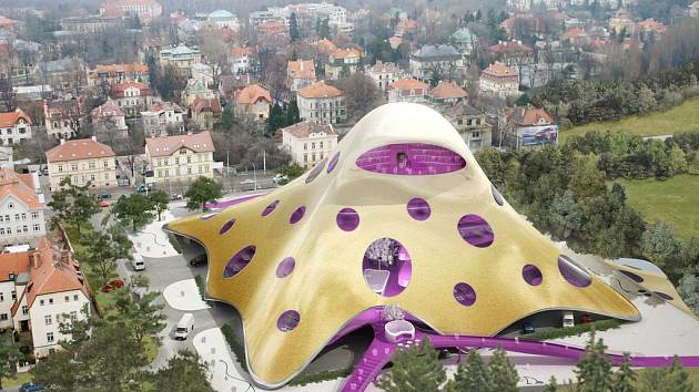 BLOB V PRAZE. Architektonické studio Future Systems Jana Kaplického představilo nové vizualizace projektu Národní knihovny. Na nich se můžete přesvědčit, jak by byla stavba viditelná z různých míst metropole. Výška budovy je na nich 47 metrů.