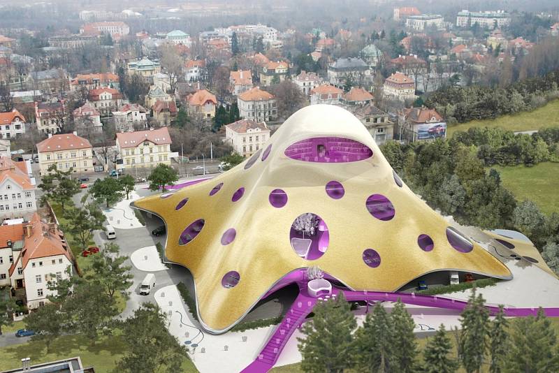 BLOB V PRAZE. Architektonické studio Future Systems Jana Kaplického představilo nové vizualizace projektu Národní knihovny. Na nich se můžete přesvědčit, jak by byla stavba viditelná z různých míst metropole. Výška budovy je na nich 47 metrů.