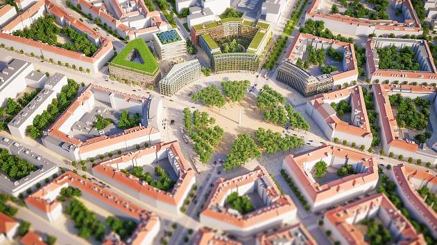Vítězný návrh nizozemské kanceláře Benthem Crouwel Architects a pražského studia OVA neboli ov architekti ze soutěže na dostavbu 4. kvandrantu Vítězného náměstí v Dejvicích – ptačí pohled.