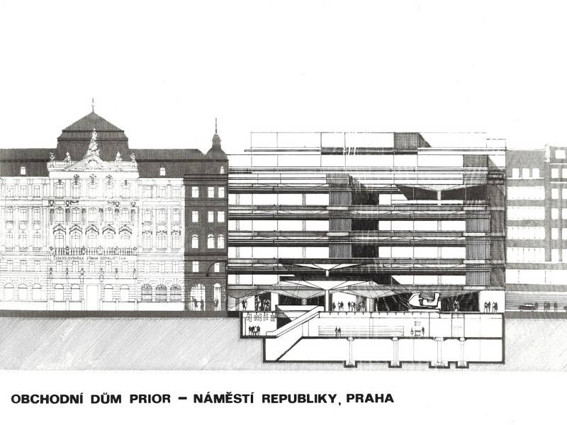 Nákres obchodního domu Kotva na náměstí Republiky v Praze.