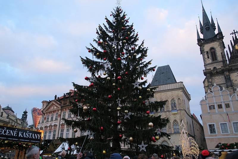 Vánoční Staroměstské náměstí a vyzdobené tramvaje.