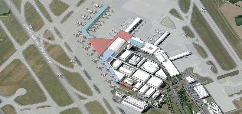 Vizualizace budoucí podoby letiště v Ruzyni. Etapa III prst E.