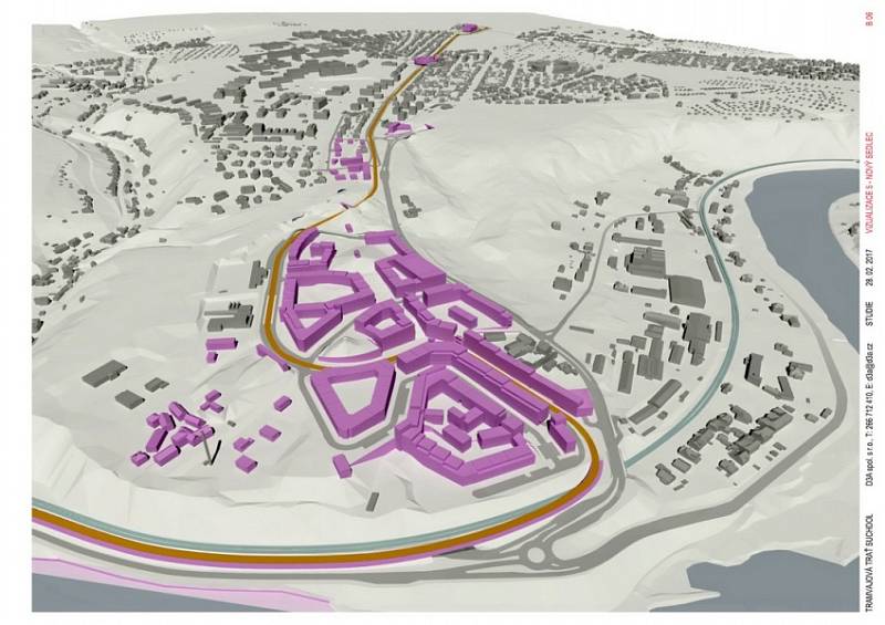 Vizualizace návrhu tramvajové tratě Podbaba - Suchdol a okolí.