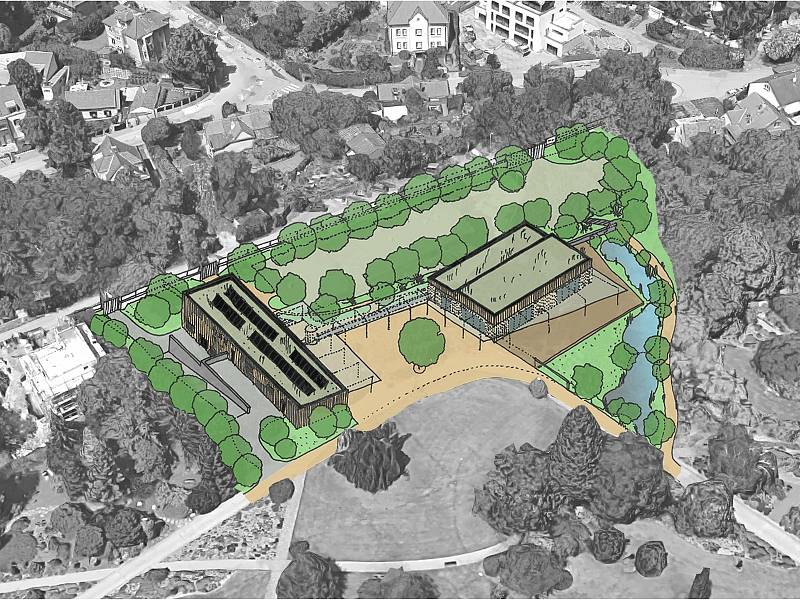 Vizualizace modernizace areálu Botanické zahrady v Praze: nový výstavní pavilon a centrum pro návštěvníky v Nádvorní ulici.