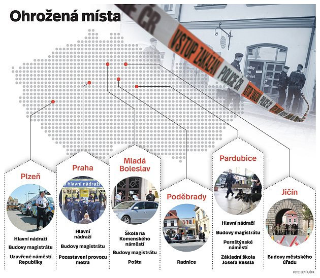 Místa ohrožená v úterý 10. května 2016 anonymním oznámením o uložení bomby.