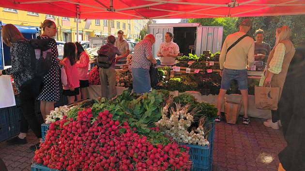 Farmářský trh ve Vršovicích na Kubánském náměstí je hojně navštěvovaný.