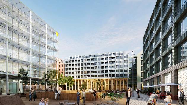 Vítězný návrh nizozemské kanceláře Benthem Crouwel Architects a pražského studia OVA neboli ov architekti ze soutěže na dostavbu 4. kvandrantu Vítězného náměstí v Dejvicích – vizualizace: pohled na nové náměstí v centrální části dostavby 4. kvadrantu.