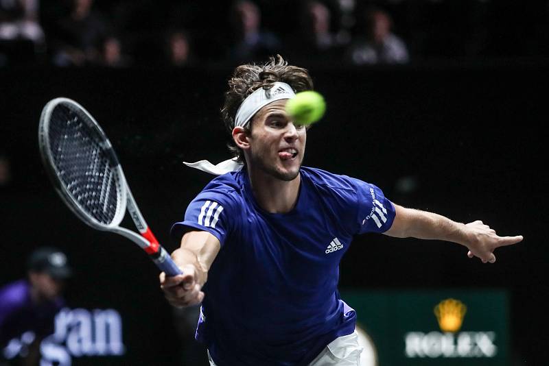 Laver cup, hraný 22. září v Praze. Zápas Dominic Thiem,Team Europe proti John Isner, Team World