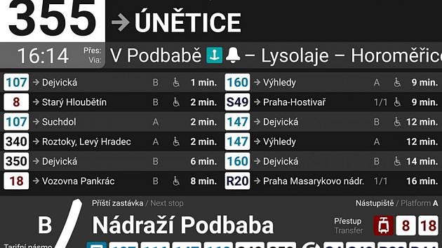 Zobrazení přípojů na displejích v rámci autobusu Pražské integrované dopravy.
