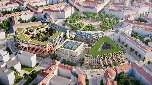 Vítězný návrh nizozemské kanceláře Benthem Crouwel Architects a pražského studia OVA neboli ov architekti ze soutěže na dostavbu 4. kvandrantu Vítězného náměstí v Dejvicích –  ptačí pohled.