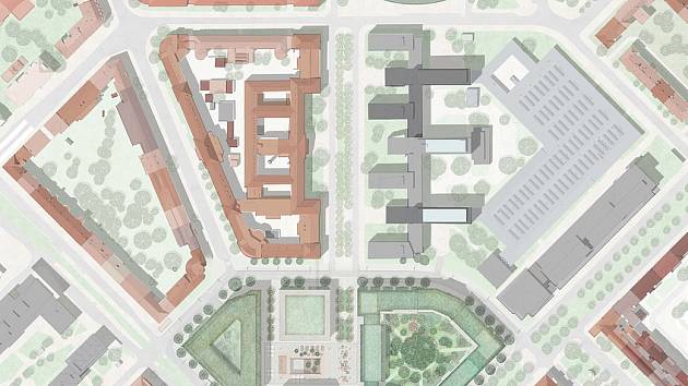 Vítězný návrh nizozemské kanceláře Benthem Crouwel Architects a pražského studia OVA neboli ov architekti ze soutěže na dostavbu 4. kvandrantu Vítězného náměstí v Dejvicích – situace.