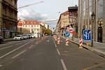 Uzavřená část ulice Prvního pluku mezi Křižíkovou a vjezdem do ÚAN Florenc.