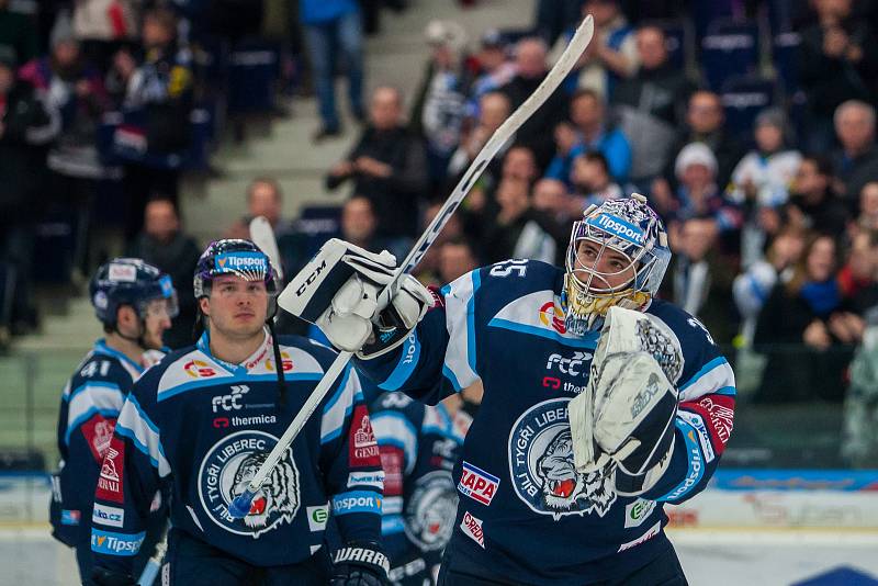 Druhý zápas předkola Generali play off Tipsport extraligy ledního hokeje se odehrál 7. března v liberecké Home Credit areně. Utkaly se celky Bílí Tygři Liberec a HC Sparta Praha. Na snímku je radost hráčů Liberce, Roman Will.