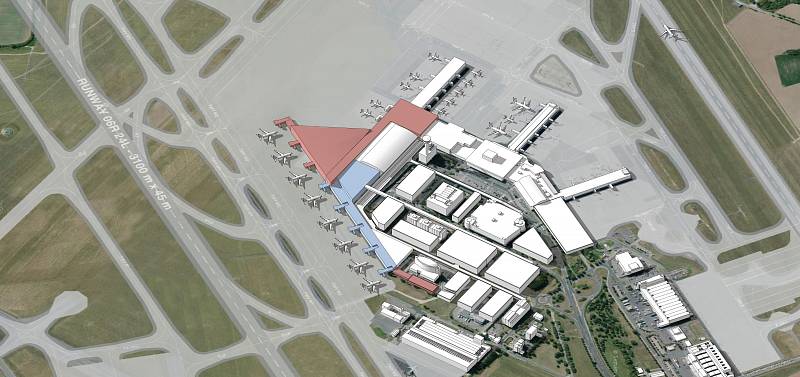 Vizualizace budoucí podoby letiště v Ruzyni. Etapa II centrální část Terminálu 2.