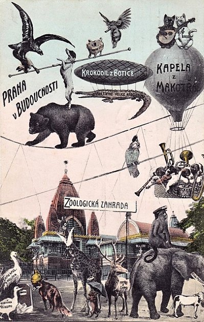 Budoucnost pražské zoologické zahrady ztvárněná na dobové pohlednici.