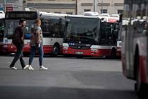 Autobusy městské hromadné dopravy Dopravního podniku značky SOR stojící na autobusovém nádraží Na Knížecích v Praze.