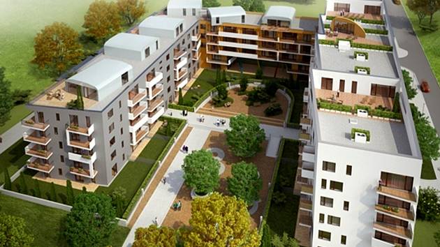 Vizualizace projektu "Zahrady Opatov" developera Sekyra Group, který se původně měl začít stavět už v roce 2012. Pro malý zájem o koupi bytů v hodnotě asi 50 tisíc korun za metr čtvereční ale byl projekt odložen.