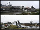 Obnova zříceného mostu v Janově (horní snímek) byla rychlejší než stavba spadlé lávky v Troji.