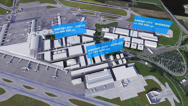 Vizualizace budoucí podoby letiště v Ruzyni. Airport City Sever.