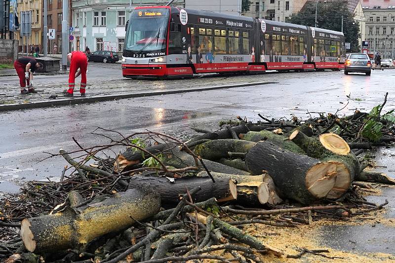 Nusle, Otakarova ulice, pád stromu na trolejové vedení tramvají.