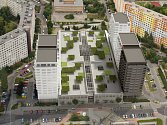 Vizualizace víceúčelových mrakodrapů u Obchodního centra Lužiny v Praze 13.