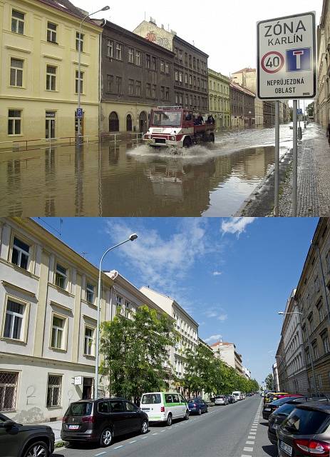 Proměna Karlína po povodních 2002. Křižíkova ulice.