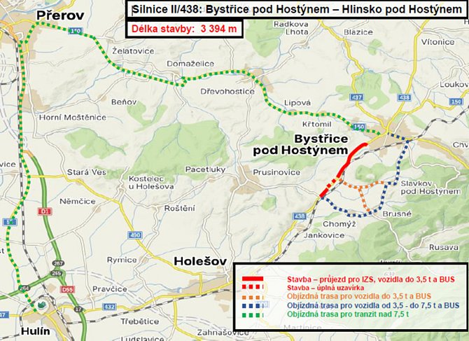 Silničáři opraví cestu z Bystřice do Hlinska. Řidiče čekají dva roky komplikací. Na snímku objízdné trasy.