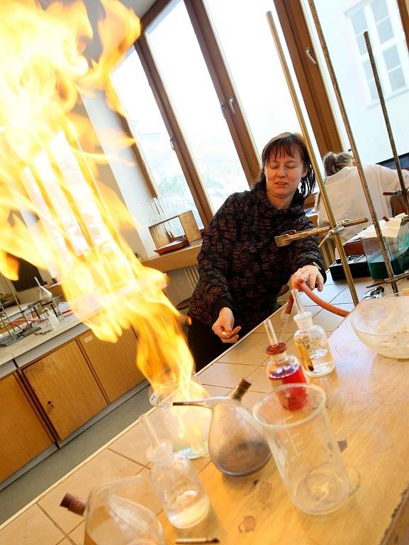 BUDOUCÍ STUDENTI si se zájmem prohlíželi nejen sklářské ateliéry, ale i moderně vybavené laboratoře pro studium chemie.