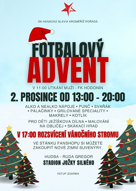 Hanácká Slavia láká na fotbalový advent, po utkání s Hodonínem rozsvítí vánoční strom.