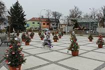 Šestadvacet malých vánočních stromečků zdobí během vánočních svátků hulínské náměstí Míru. Každý z nich patří jedné místní organizaci, která si jej nazdobila a soutěžila s ostatními o titul nejhezčího hulínského stromečku roku 2021; 25. 12. 2021