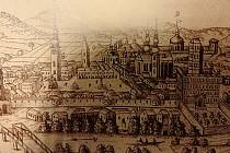 Pohled na město Kroměříž z 17. století i s popravištěm a šibenicí. Popravní místa: A narážecí kůly a vyplétací kolo, B šibenice s podezdívkou.