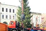 Vánoční strom byl včera dopoledne usazen na náměstí v Novém Jičíně.