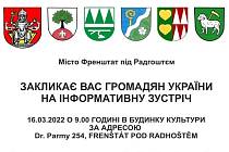 Setkání pro utečence z Ukrajiny na Frenštátsku se uskuteční ve středu 16. března 2022 v 9 hodin v Domě kultury ve Frenštátě pod Radhoštěm.