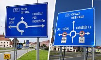 Další špatně značená dopravní cedule v Novém Jičíně. Vlevo její původní, chybná podoba, vpravo už opravená a správná.