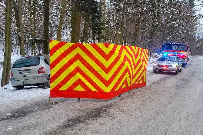 Nehoda osobního automobilu ve Veselí u Oder 13. ledna 2024.