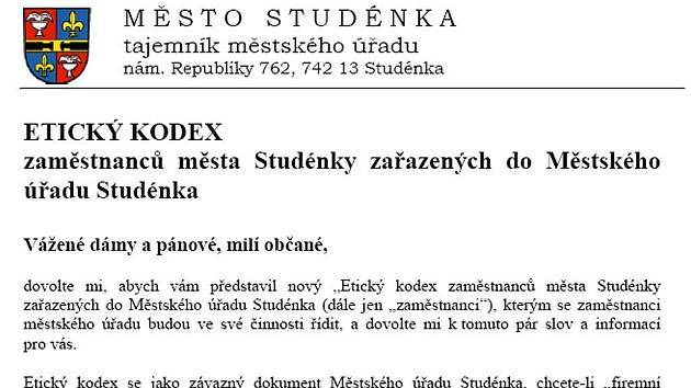 Etický kodex úředníků ve Studénce.