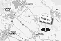 Pravděpodobná lokalizace zaniklé osady Smíchov