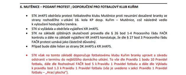 Sportovně-technická komise zareagovala na protest Mutěnic ve své zprávě takto.