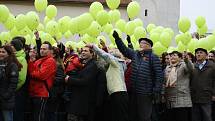 Z téměř dvou tisíc nafukovacích balonků vytvořili žáci a studenti kyjovských škol za pomoci veřejnosti živý vlčí mák, kterým uctili válečné vetrány.