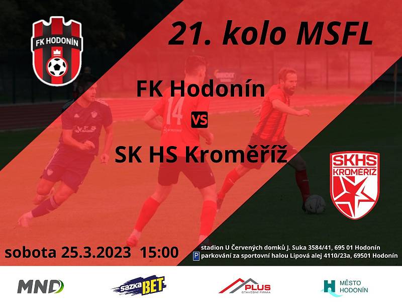 Fotbalisté Hodonína (červeno-černé dresy) ve 21. kole MSFL doma zdolali vedoucí Kroměříž 1:0.